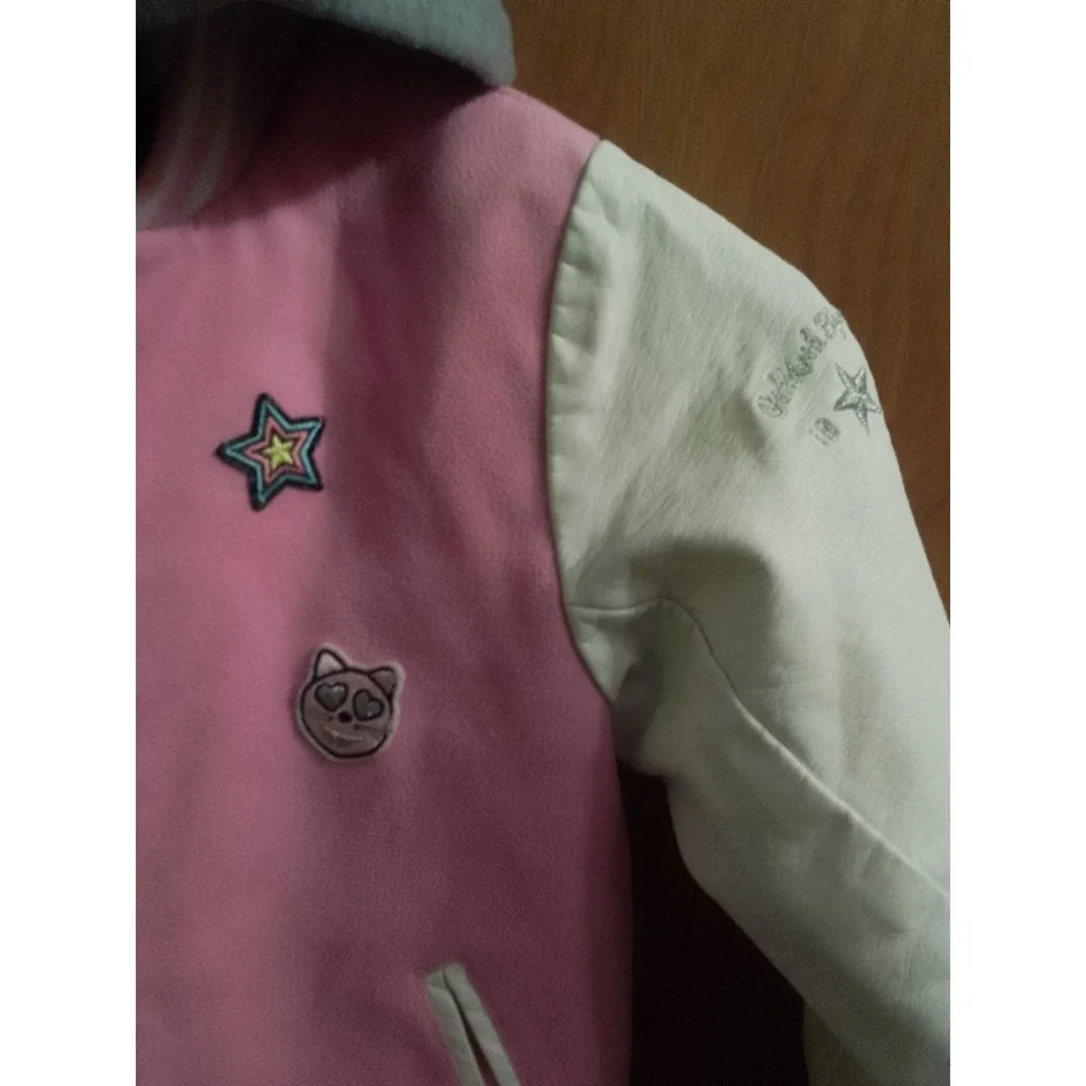 OshKosh B'Gosh Girls Size 6 Pink Varsity Jacket Patches Gray Hood Bomber